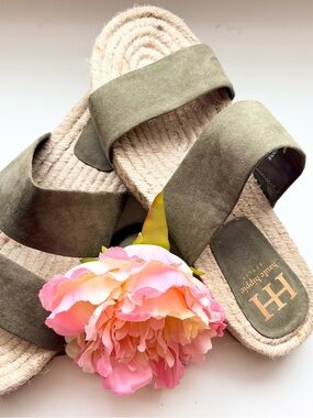 Haute Hippie Olive Suede Espadrille Slide Sandals with Gold Logo